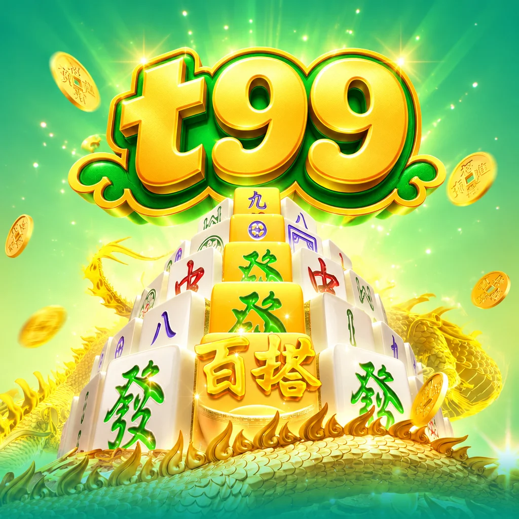Logo t99 dengan ubin mahjong tradisional dan batangan emas dalam Mahjong Ways 2