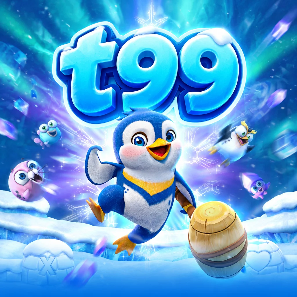 Logo t99 dengan karakter penguin memegang palu di atas es dalam The Great Icescape